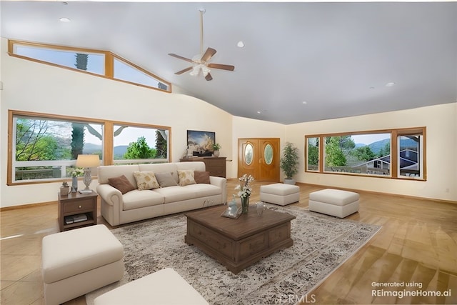 living room with vaulted ceiling, ceiling fan, and light hardwood / wood-style flooring