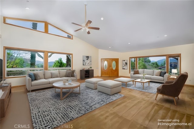 living room with vaulted ceiling and ceiling fan