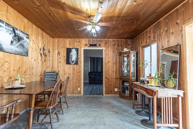 dining area featuring wood ceiling, wood walls, and ceiling fan