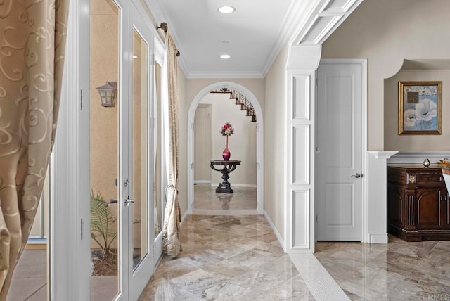 corridor with french doors and ornamental molding