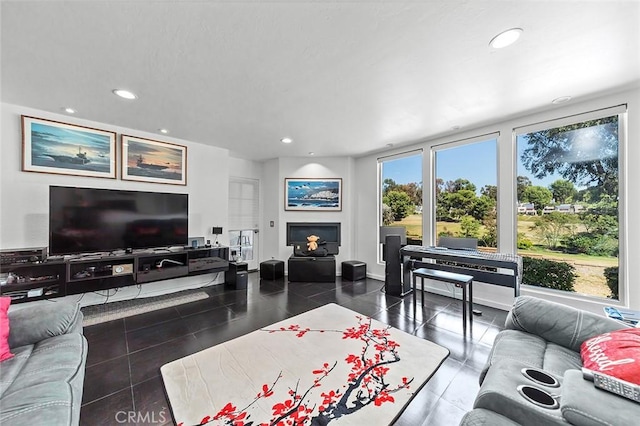 living room featuring dark tile patterned flooring