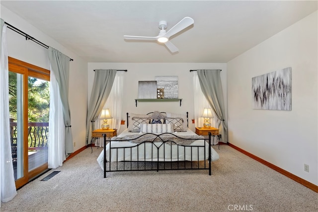 bedroom with ceiling fan, light carpet, and access to exterior