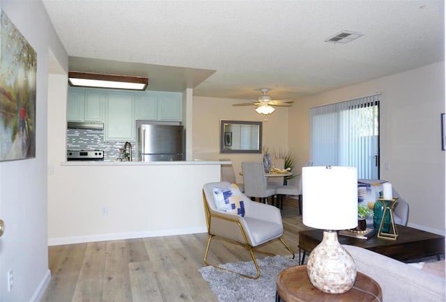 interior space featuring ceiling fan, sink, a textured ceiling, and light wood-type flooring