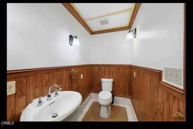 bathroom with sink, wooden walls, and toilet