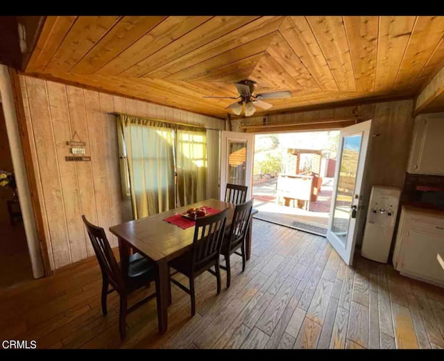 dining room with wood walls, ceiling fan, wood-type flooring, and wooden ceiling