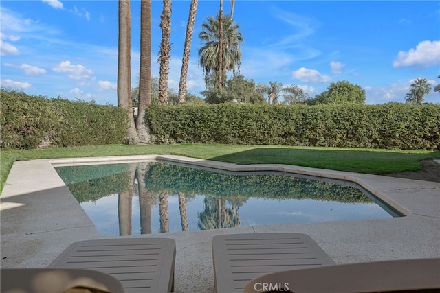 view of swimming pool with a water view and a yard