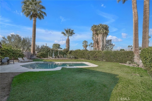 view of yard featuring a patio and a fenced in pool