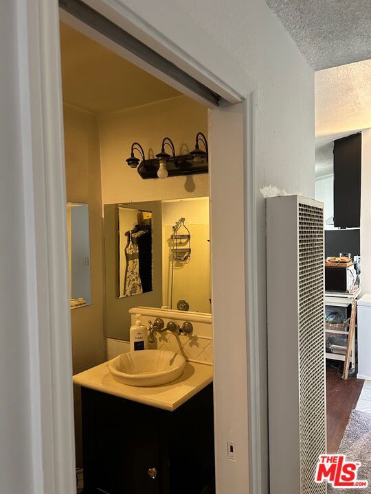 bathroom featuring vanity, a textured ceiling, and hardwood / wood-style floors