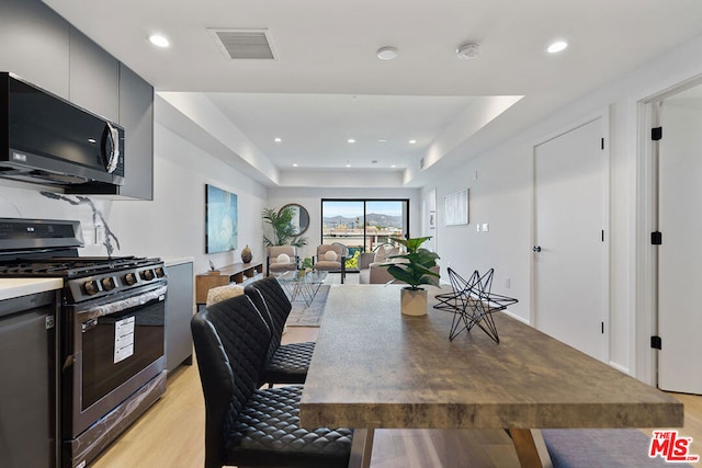 kitchen featuring light hardwood / wood-style flooring, a tray ceiling, appliances with stainless steel finishes, and gray cabinets