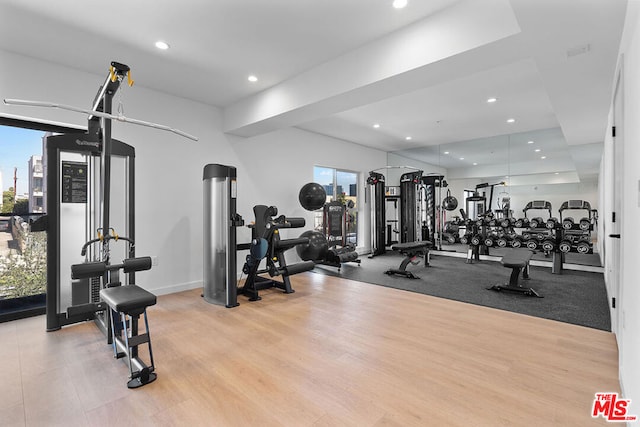 workout area featuring light wood-type flooring