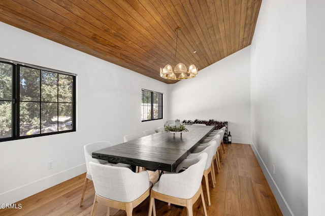 dining space featuring a notable chandelier, wood ceiling, and light hardwood / wood-style floors