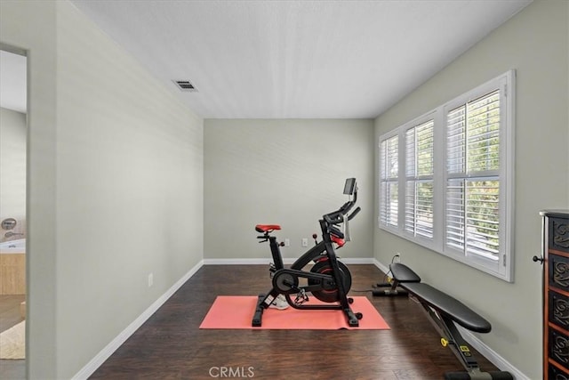 workout area featuring dark wood-type flooring