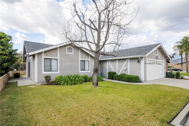 ranch-style house featuring a garage and a front lawn