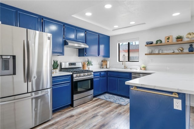 kitchen featuring blue cabinetry, stainless steel appliances, and light hardwood / wood-style flooring