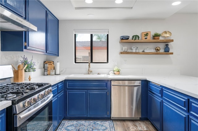 kitchen featuring blue cabinetry, sink, appliances with stainless steel finishes, and light wood-type flooring