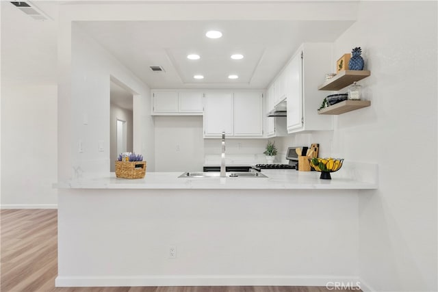 kitchen with white cabinetry, kitchen peninsula, gas range, and light wood-type flooring