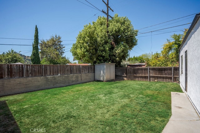 view of yard featuring a storage shed