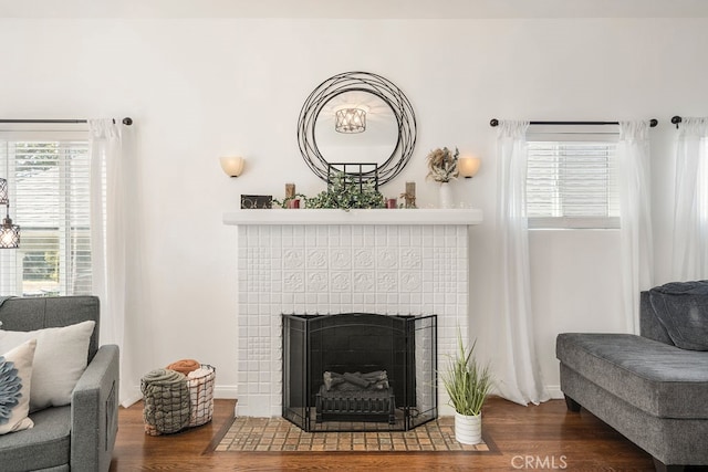 living room with dark hardwood / wood-style floors and a fireplace