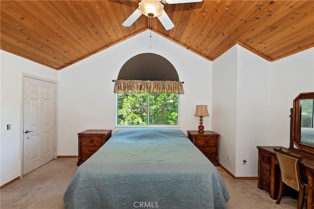 carpeted bedroom with wooden ceiling, vaulted ceiling, ceiling fan, and multiple windows