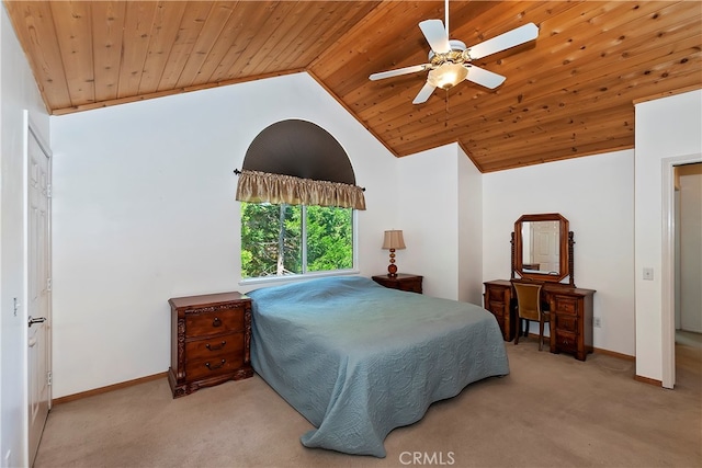 carpeted bedroom featuring ceiling fan, lofted ceiling, and wood ceiling