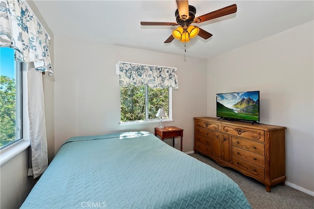 bedroom featuring ceiling fan, carpet floors, and multiple windows