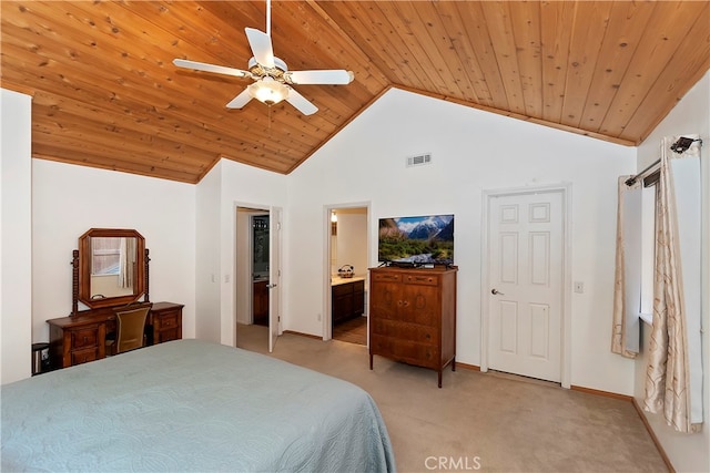 carpeted bedroom featuring ceiling fan, wood ceiling, ensuite bath, and high vaulted ceiling