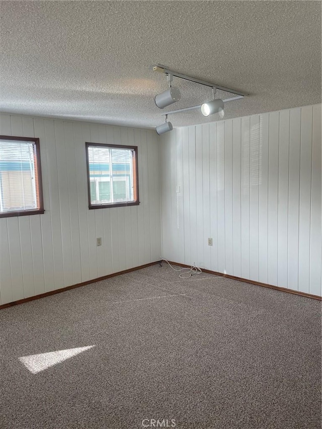 carpeted spare room with wood walls and a textured ceiling