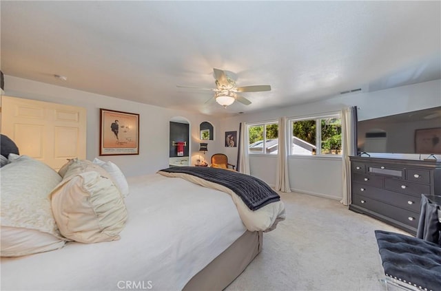 46469 Wallu Ln, Ahwahnee, CA 93601 - bedroom with visible vents, a ceiling fan, and light carpet