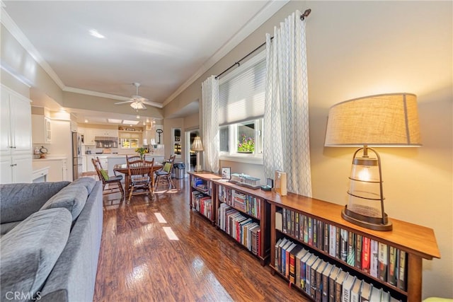 46469 Wallu Ln, Ahwahnee, CA 93601 - living area with crown molding, ceiling fan, and wood finished floors