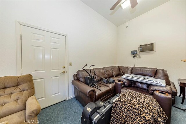 46469 Wallu Ln, Ahwahnee, CA 93601 - carpeted living area with a wall mounted air conditioner, lofted ceiling, and a ceiling fan