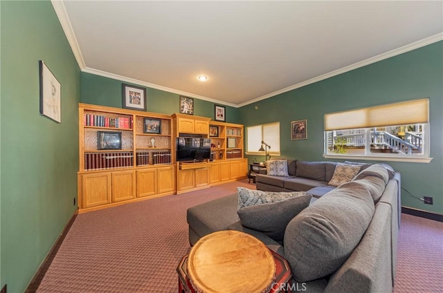 46469 Wallu Ln, Ahwahnee, CA 93601 - living room featuring baseboards, ornamental molding, and carpet