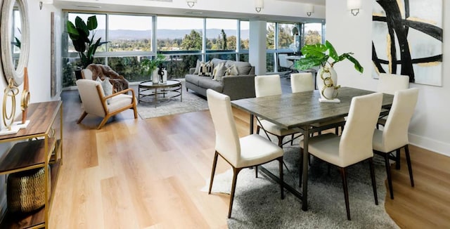 dining room featuring a mountain view and wood-type flooring