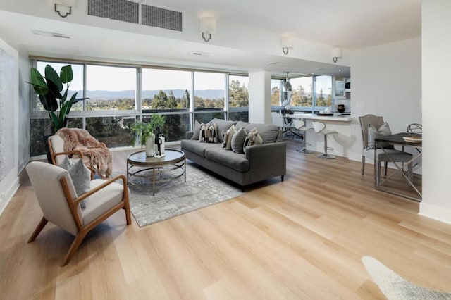 living room with light hardwood / wood-style floors and a mountain view