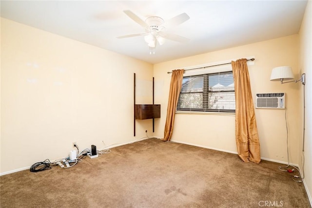 empty room featuring carpet flooring, a wall mounted air conditioner, and ceiling fan