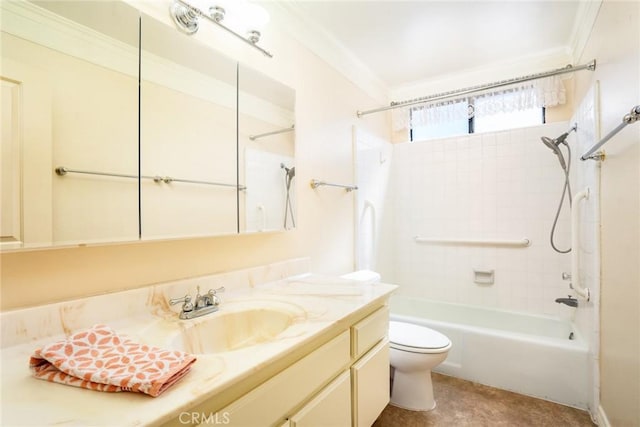 full bathroom featuring vanity, toilet, tiled shower / bath, and ornamental molding