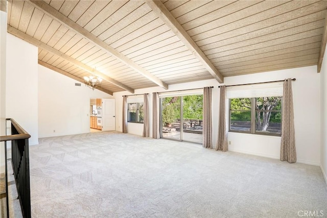 unfurnished living room featuring light carpet, vaulted ceiling with beams, a chandelier, and wooden ceiling