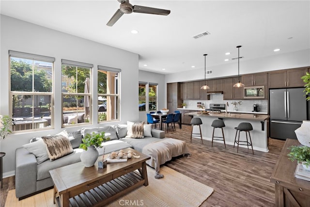 living room with ceiling fan, plenty of natural light, and hardwood / wood-style flooring