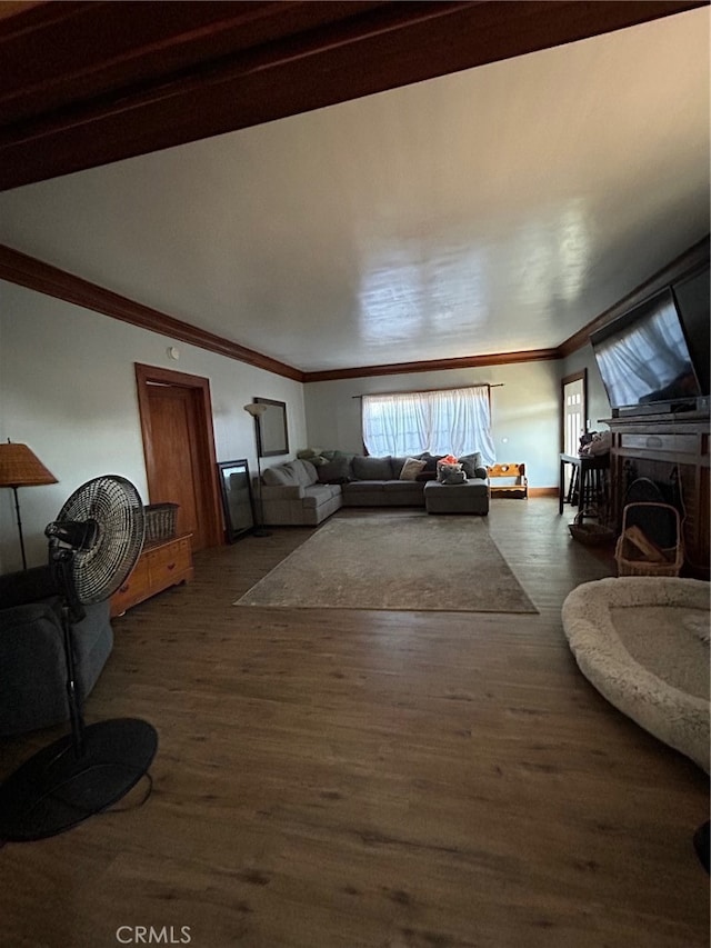 bedroom with ornamental molding and dark wood-type flooring