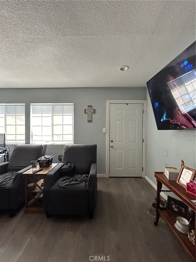 living room with a textured ceiling and hardwood / wood-style flooring