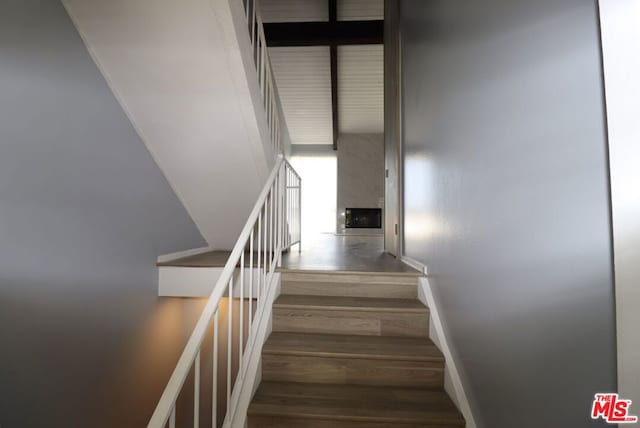 stairs featuring hardwood / wood-style flooring