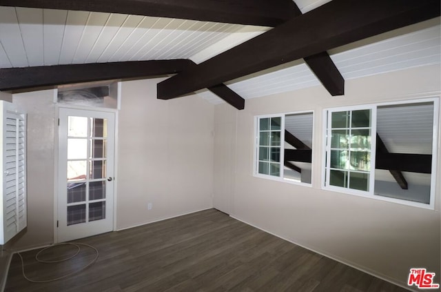 unfurnished room featuring vaulted ceiling with beams and dark hardwood / wood-style flooring