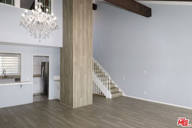 unfurnished living room featuring a notable chandelier, dark wood-type flooring, beamed ceiling, and high vaulted ceiling