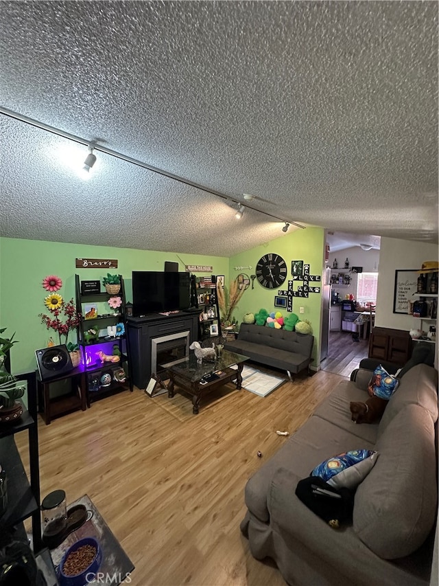 living room featuring a textured ceiling, hardwood / wood-style flooring, and rail lighting