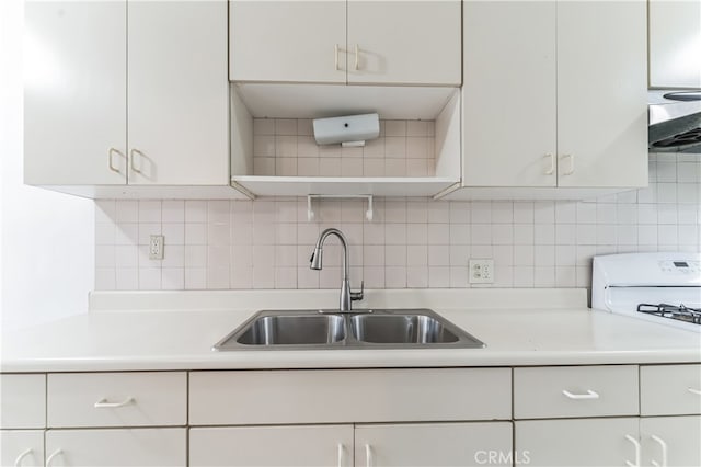 kitchen with white cabinetry, extractor fan, tasteful backsplash, and sink