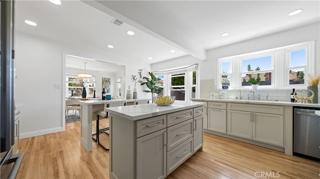 kitchen with light hardwood / wood-style flooring, plenty of natural light, and stainless steel dishwasher