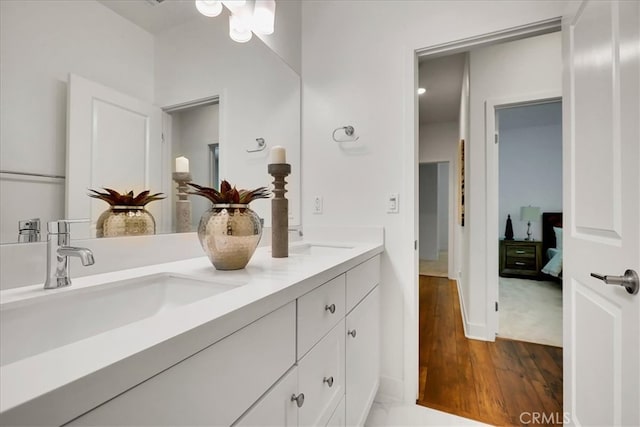 bathroom with wood-type flooring and vanity