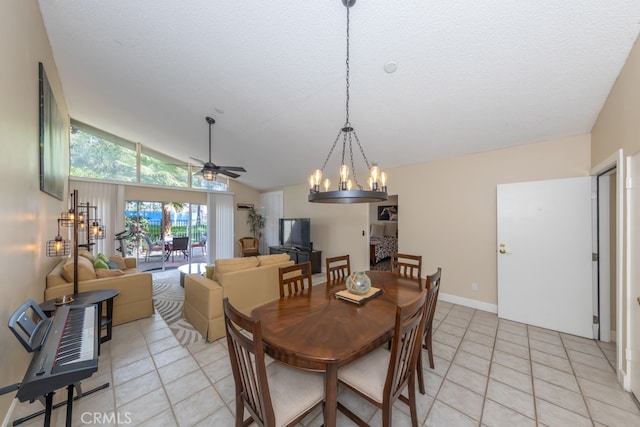 dining room featuring light tile patterned floors, lofted ceiling, a textured ceiling, baseboards, and ceiling fan with notable chandelier