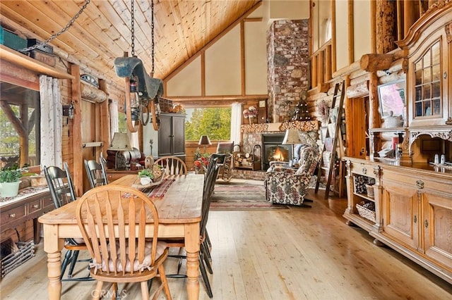 dining area featuring wood ceiling, high vaulted ceiling, and light wood-type flooring