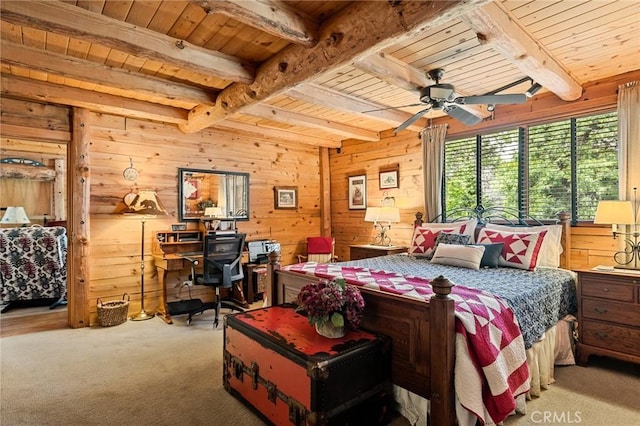 bedroom featuring wood ceiling, light colored carpet, beam ceiling, and wood walls