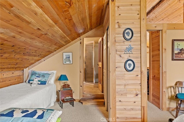 bedroom featuring vaulted ceiling, light colored carpet, and wooden ceiling